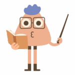 An image of a cartoon character holding a book and a map stick.