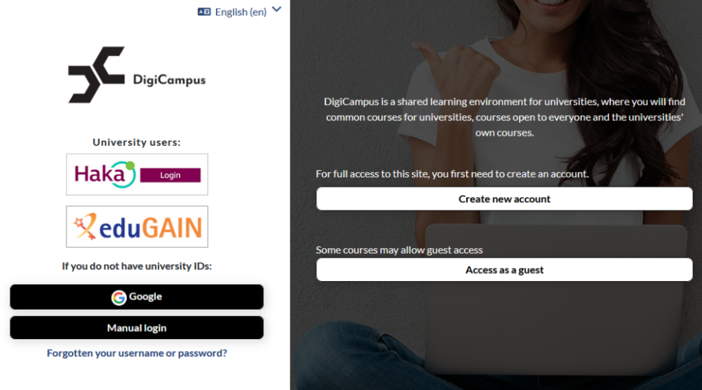 Kuvakaappaus MOOC-kirjautumisesta, jossa näkyvät kaikki kirjautumisvaihtoehdot.